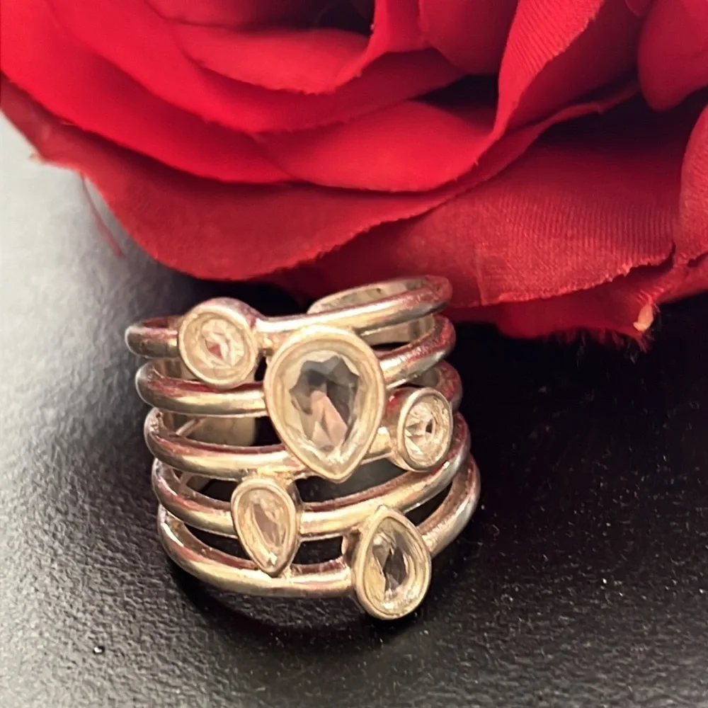Pretty Silver Tone Multi Band Ring With Different Shape Clear Stones.
